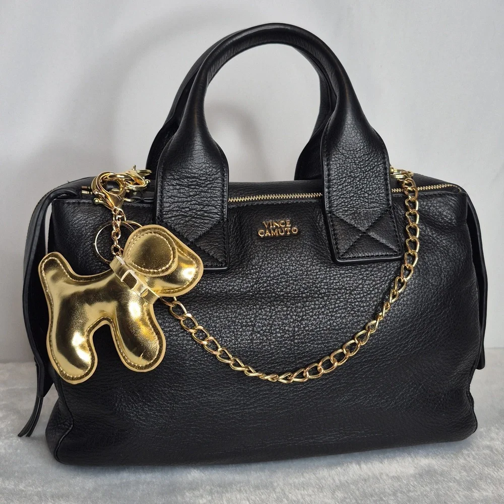 Vince Camuto Black Leather Handbag with Gold Accents